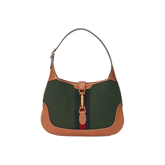 GUCCI Jackie 1961 Canvas With Leather Trim Crescent Shoulder Bag Shoulder Bag Women's Dark Green With Brown Accents-1