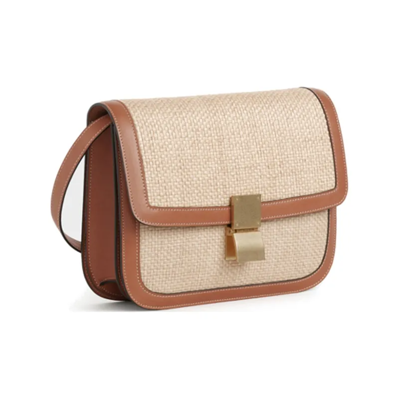 CELINE Classic Bo Fabric Woven With Cow Leather Crossbody Bag Shoulder Bag Medium Size Women's Brown-1