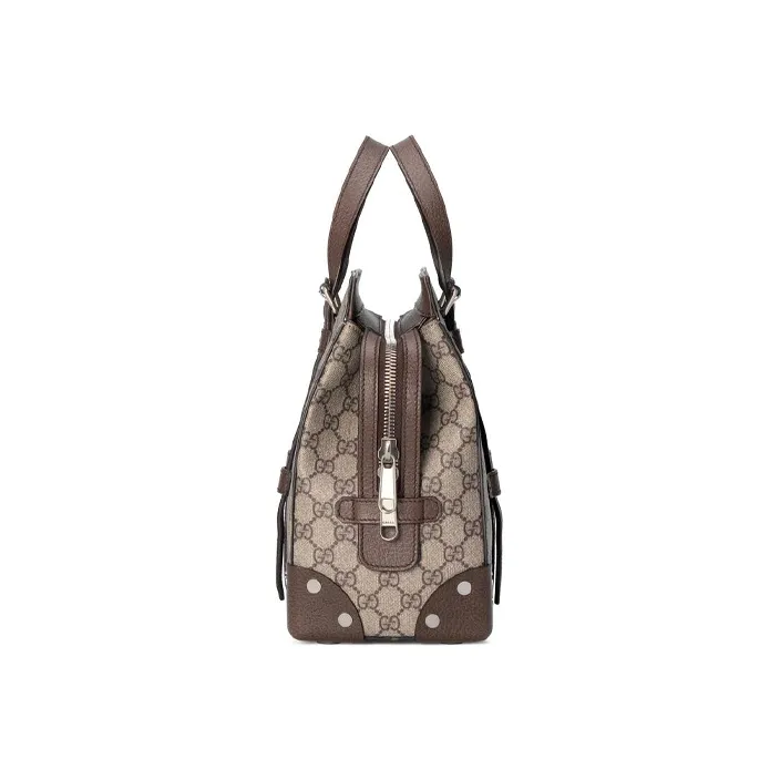 GUCCI Canvas With Leather Tote Bag, Shopping Bag, Handbag Medium Size Unisex Ebony & Brown-2