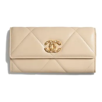 CHANEL 19Bag Sheepskin Long Wallets Women's Beige