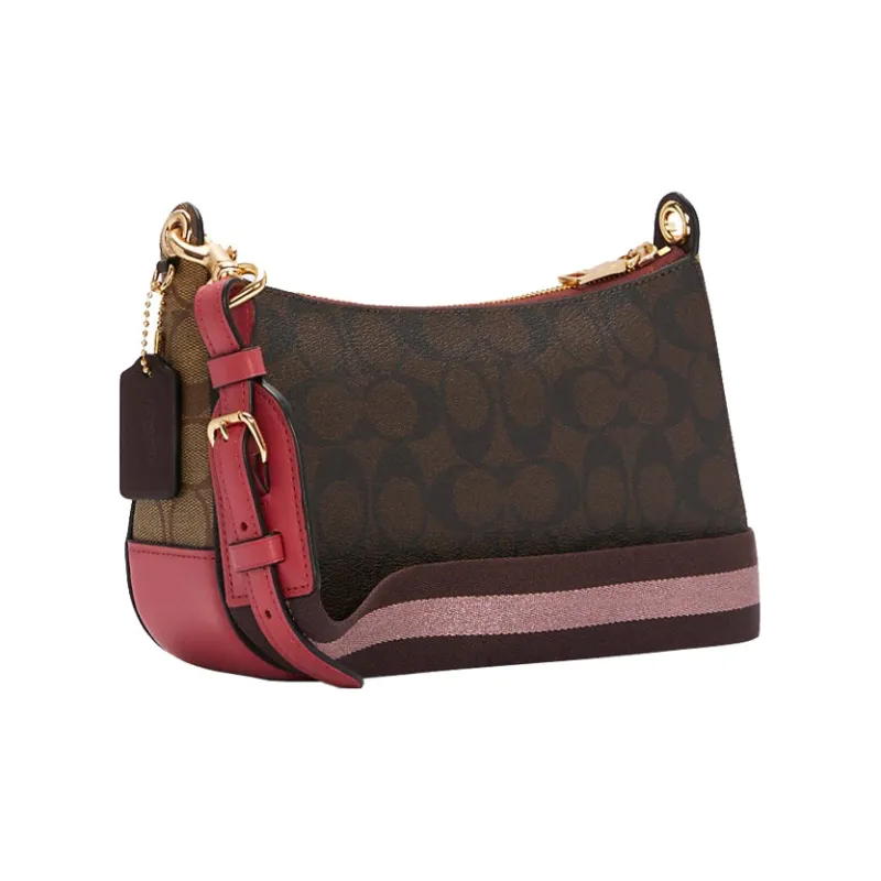 COACH Jes Canvas With Leather Shoulder Bag, Crossbody Bag Medium Size Women's Dark Brown & Bright Pink-1