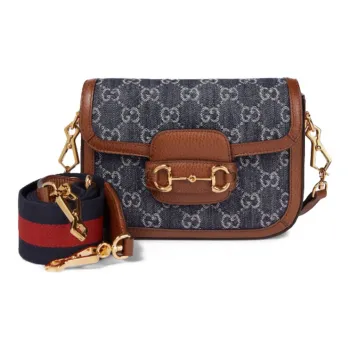 GUCCI Horsebit 1955 Leather Trim With Denim Saddle Bag, Crossbody Bag, Shoulder Bag Women's