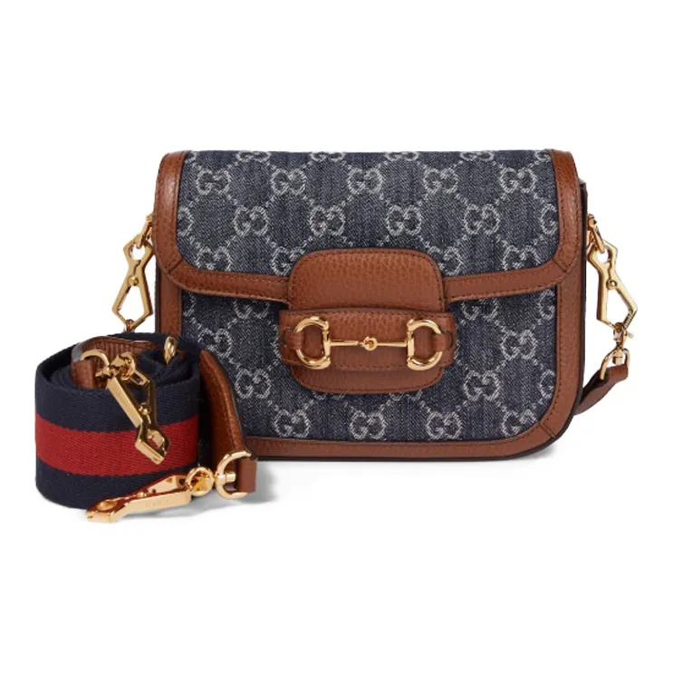 GUCCI Horsebit 1955 Leather Trim With Denim Saddle Bag, Crossbody Bag, Shoulder Bag Women's-0