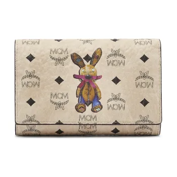 MCM Visetos Leather With Artificial Leather Wallet Coin Purse Tubas Women's Beige