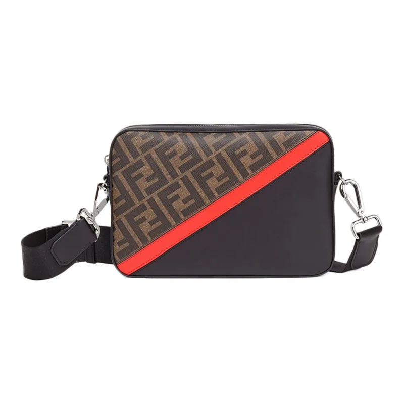 FENDI Coated Canvas With Leather Camera Bag Shoulder Bag Crossbody Bag Men's Brown/Black/Red-0
