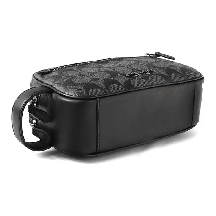 COACH Double Zip Wallet Canvas With Leather Double Zip Closure Overnight Bag Handbag Clutch Small Size Unisex Black-2