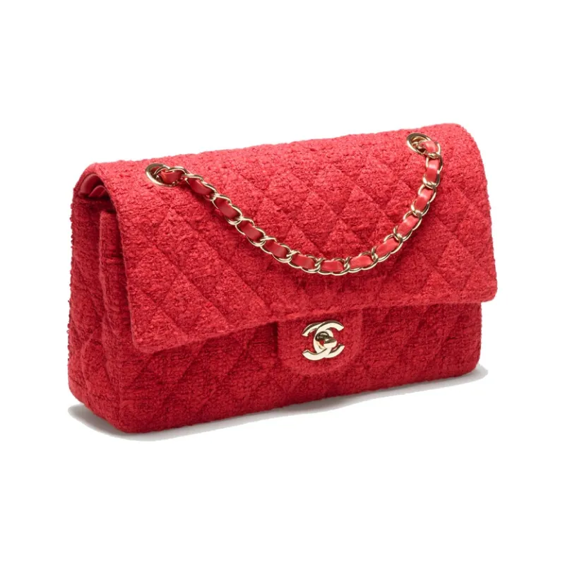 CHANEL Classic Flap CF Twill Soft Woolen Flap Bag, Shoulder Bag, Crossbody Bag Women's Red-1
