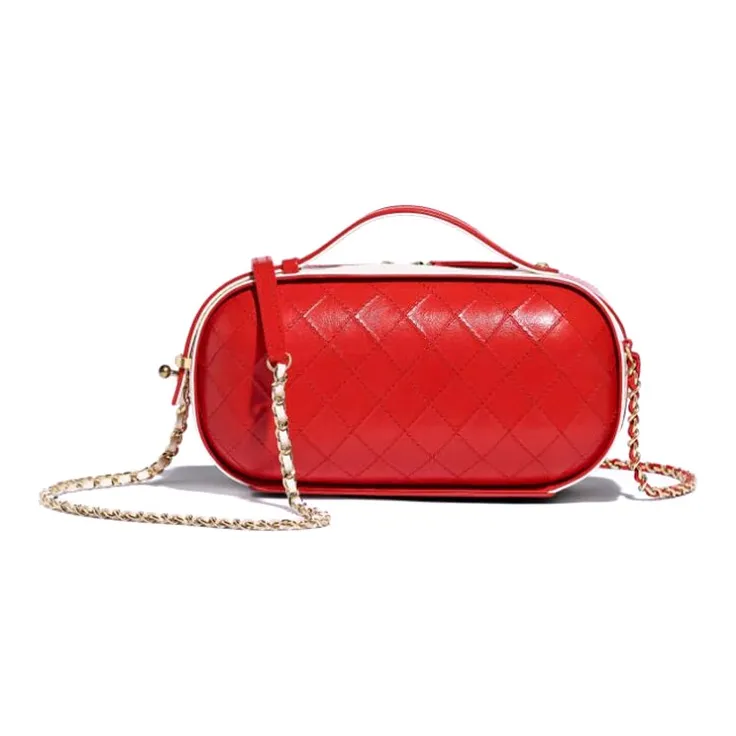 CHANEL Cow Leather Makeup Bag, Handbag, Shoulder Bag, Crossbody Bag Women's Red/White-2