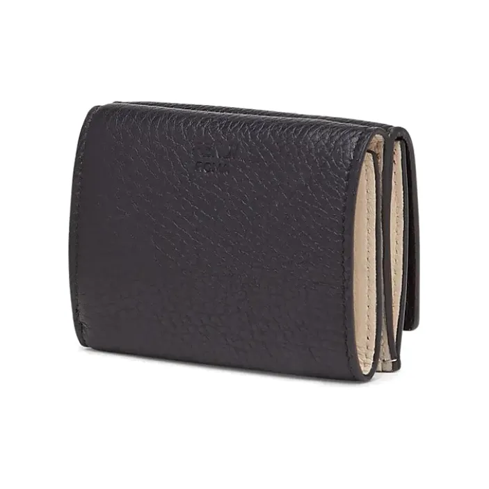 FENDI Litchi Grain Leather Cow Leather Sheepskin Tri-Fold Cropped Wallet Card Holder With Money Clip Women's Black-1