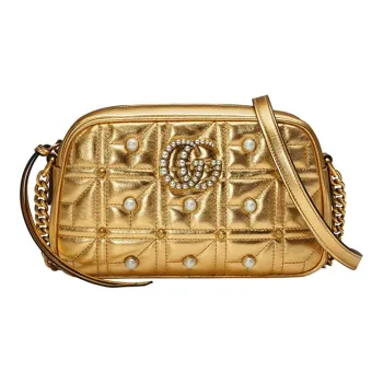 GUCCI GG Marmont Quilting Leather Camera Bag Shoulder Bag Crossbody Bag Small Size Women's Gold