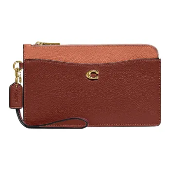 COACH L Zip Cow Leather Wrist Bag Coin Purse, Clutch Small Size Women's Nude & Saddle Brown