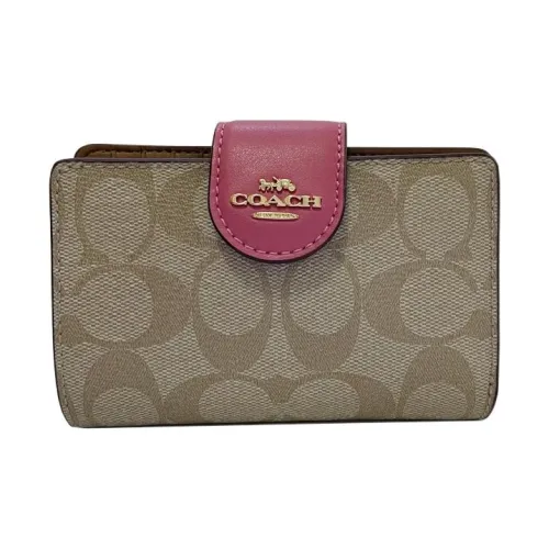 COACH Canvas With Leather Cropped Wallet Snap Closure Coin Purse Women's Khaki Pink