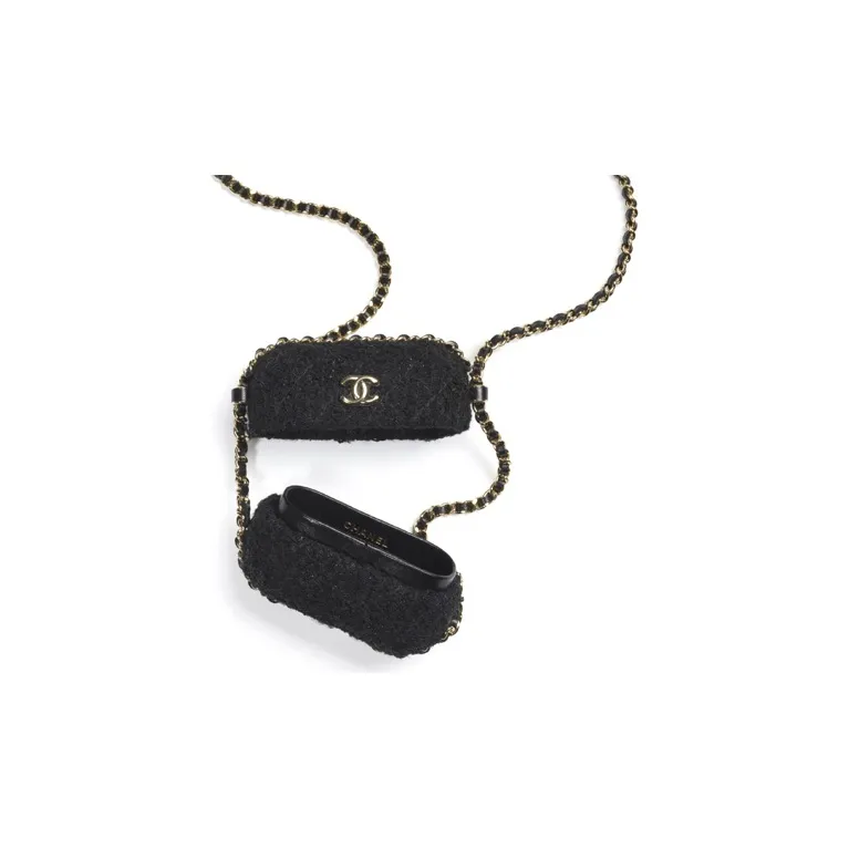 CHANEL Soft Woolen Chain Bag Clutch Earphone Case Women's Black-2