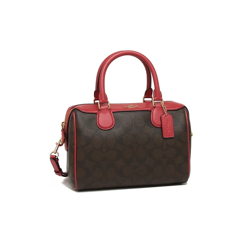 COACH Bennett Leather Boston Bag One Shoulder Handbag Crossbody Bag Small Size Women's Red And Brown Monogram-1