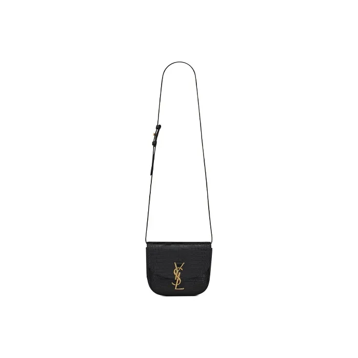 SAINT LAURENT KAIA Shiny Crocodile Pattern Embossed Cow Leather Saddle Bag Crossbody Shoulder Bag Women's Black-1
