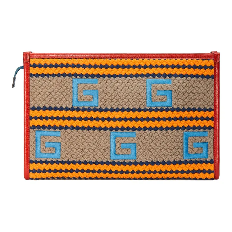 GUCCI Fabric With Leather Clutch Women's Orange/Red Blue-1