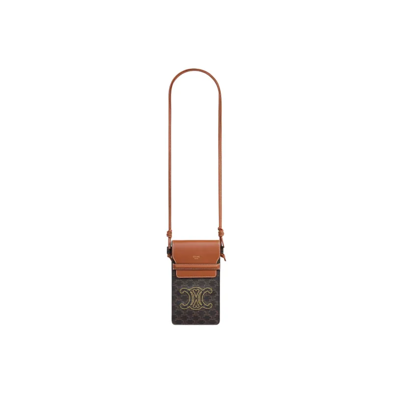 CELINE Triomphe Leather Shoulder Bag Crossbody Bag With Cell Phone Pouch Women's Tawny-3