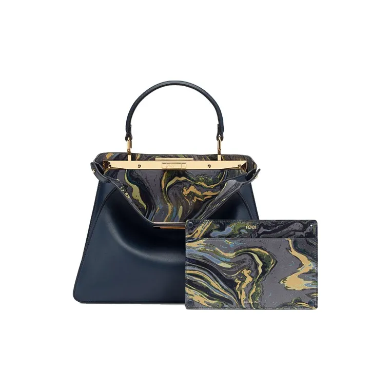 FENDI Peekaboo ISeeU Cow Leather Trunk Bag Shoulder Bag Crossbody Bag Handbag Medium Size Women's Dark Blue-1