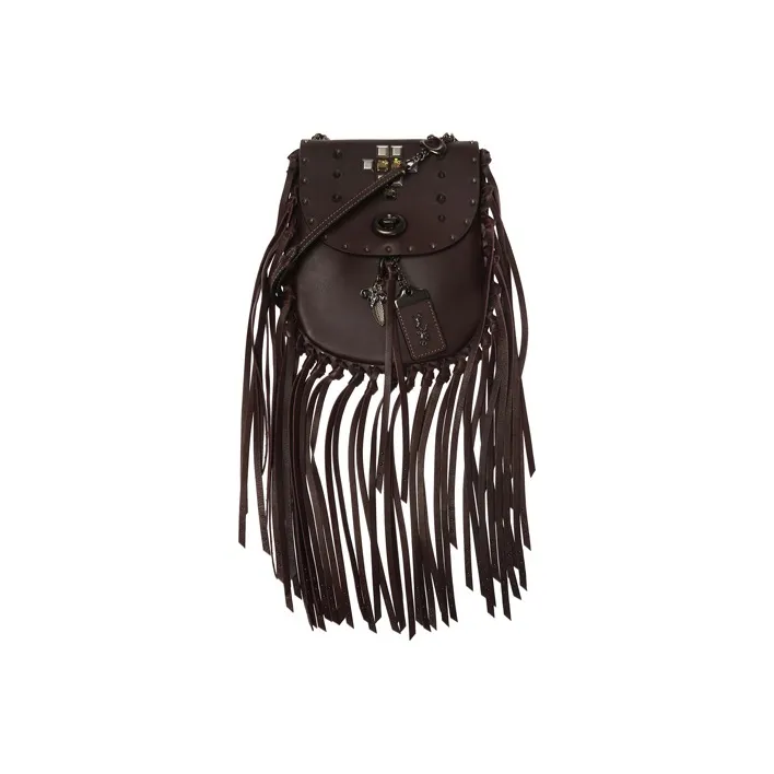COACH Fringe Leather Saddle Bag, Shoulder Bag, Crossbody Bag Small Size Women's Coffee Brown-0