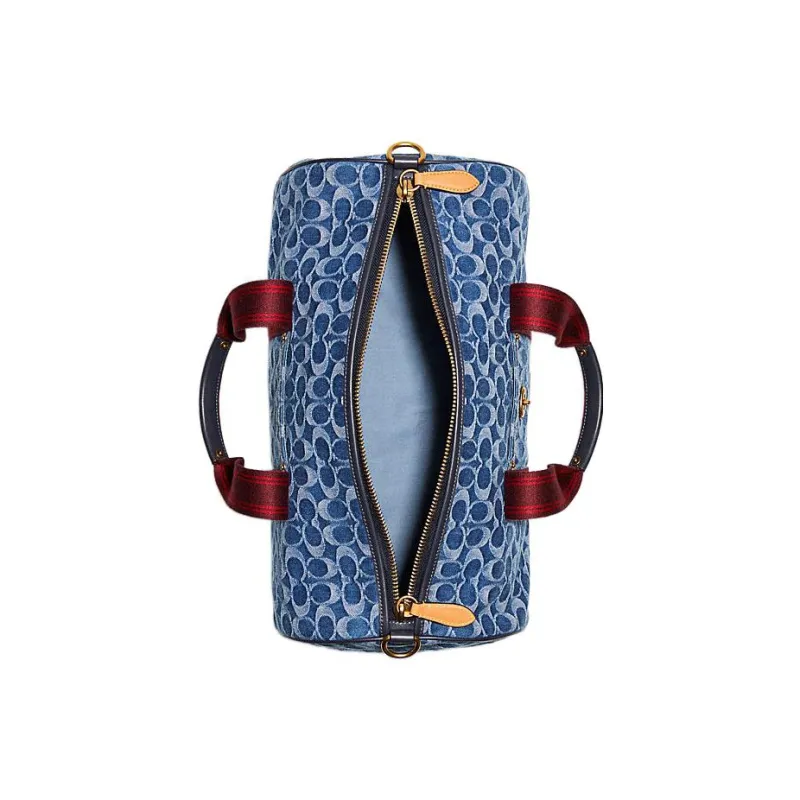 COACH Metropolitan Denim Fabric Canvas With Leather Handbag Crossbody Bag Travel Bag Large Size Unisex Denim & Red-2