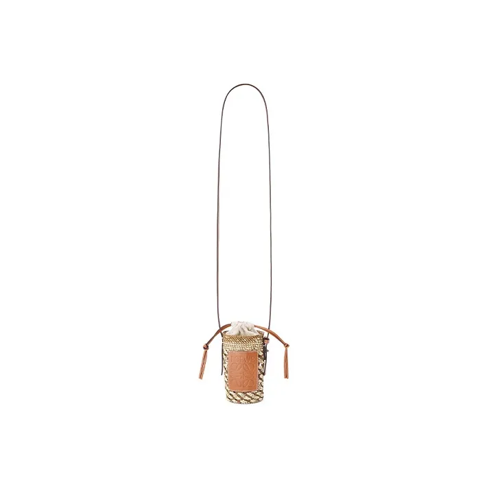 LOEWE Cylinder Pocket Calfskin With Palm Straw Bag Bucket Bag Shoulder Bag Crossbody Bag Women's Brown-1