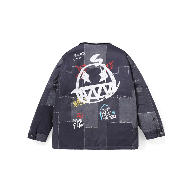 GENANX Letter Cartoon Lapel Loose Fit Puffer Jacket Unisex Dark Gray Blue-1
