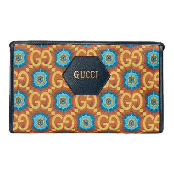 GUCCI Canvas With Leather Clutch Unisex Orange & Dark Blue