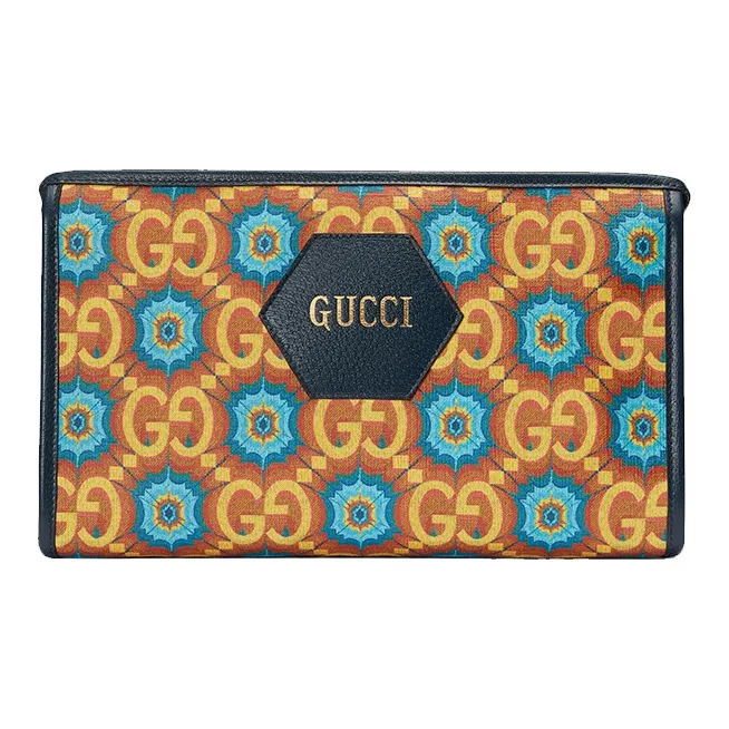 GUCCI Canvas With Leather Clutch Unisex Orange & Dark Blue-0