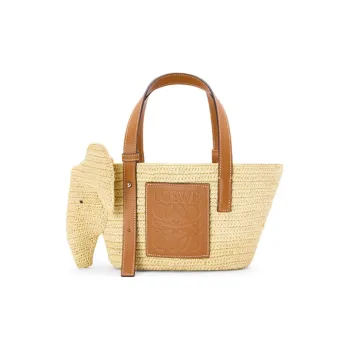 LOEWE Elephant Basket Bag In Raffia And Calfskin Natural/Tan