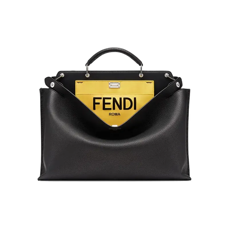 FENDI Peekaboo Cow Leather Briefcase One Shoulder Handbag Men's Black & Yellow-0
