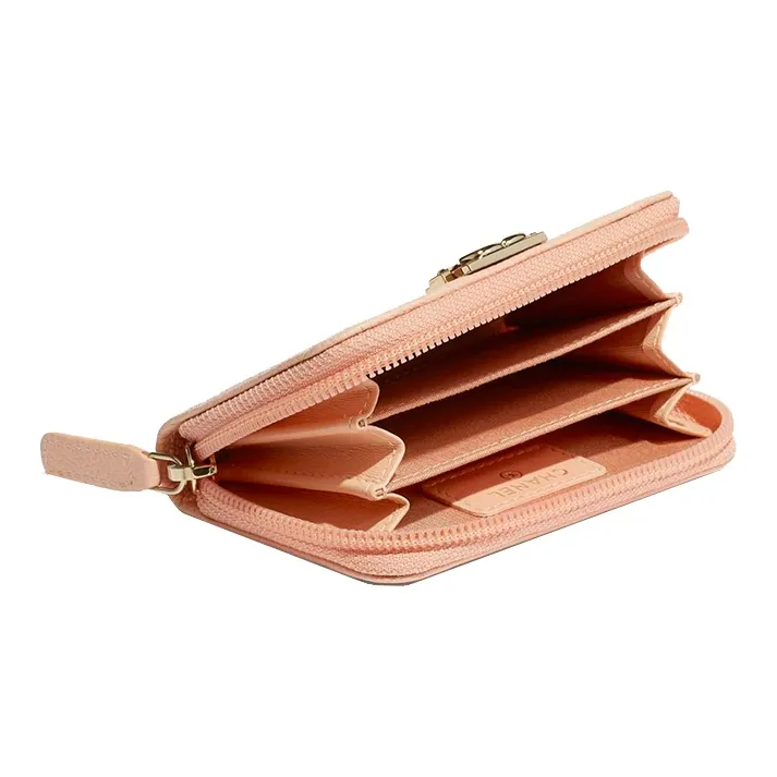 CHANEL Leboy Grain Litchi Grain Calfskin Zipper Wallet, Card Holder Women's Pink-3