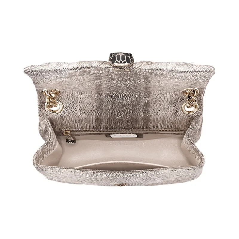 BVLGARI Serpenti Cabochon Water Snake Skin Shoulder Bag Small Size Women's Milk Beige-3