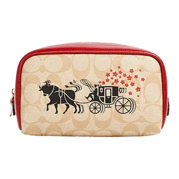 COACH Boxy Canvas With Artificial Leather Makeup Bags Toiletry Bags Small Size Women's Light Khaki With Red Accents