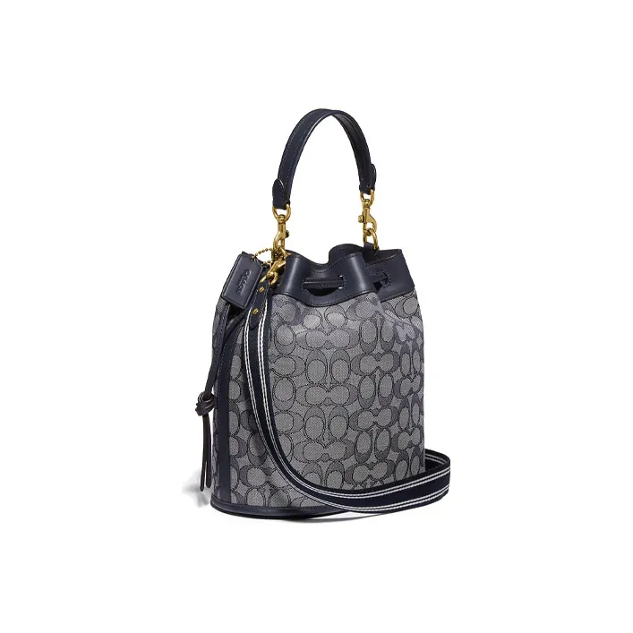 COACH Field Monogram Canvas With Leather Portable One Shoulder Drawstring Bucket Bag Canvas Crossbody Bag Women's Blue-1