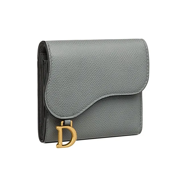DIOR Saddle Grained Calfskin Card Holder Wallet Women's Rock Gray-1