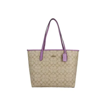 COACH City Canvas With Leather Tote Bag Shopping Bag Shoulder Bags Large Size Women's Light Khaki With Purple
