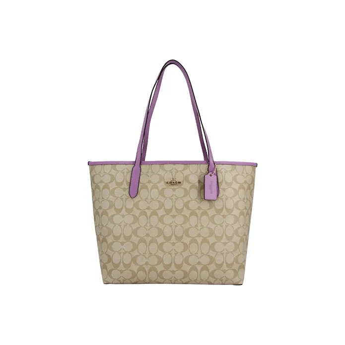 COACH City Canvas With Leather Tote Bag Shopping Bag Shoulder Bags Large Size Women's Light Khaki With Purple-0
