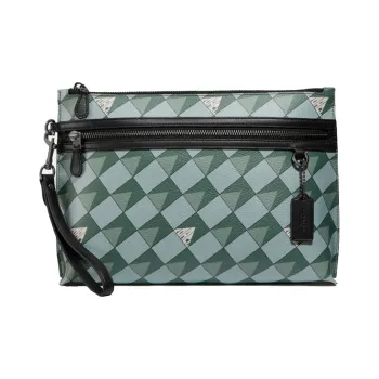 COACH Pouch Leather Clutch Tubas Men's Green Multicolor