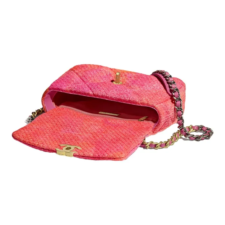 CHANEL 19Bag Knitted Fabric Inlaid Metal Chain Shoulder Bag, Crossbody Bag Trumpets Women's Coral/Orange/Pink-2