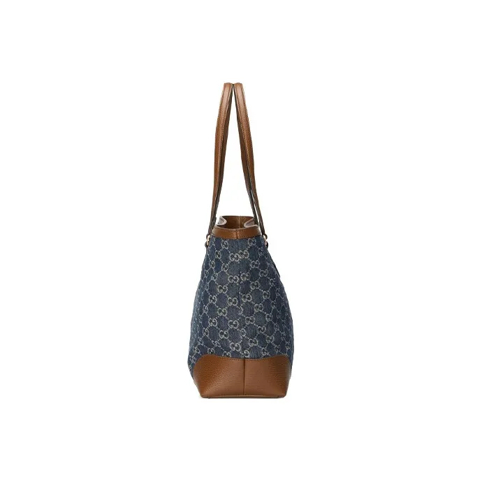 GUCCI Ophidia Denim With Leather Tote Bag, Shopping Bag, Shoulder Bag, Handbag Medium Size Women's Gray Blue/Brown-3