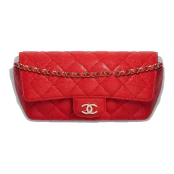 CHANEL Caviar Cow Leather Chain Crossbody Eyeglass Pouch, Flap Glass Storage Box Women's Red