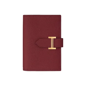 HERMES Bearn Cow Leather Card Holder Women's Maroon