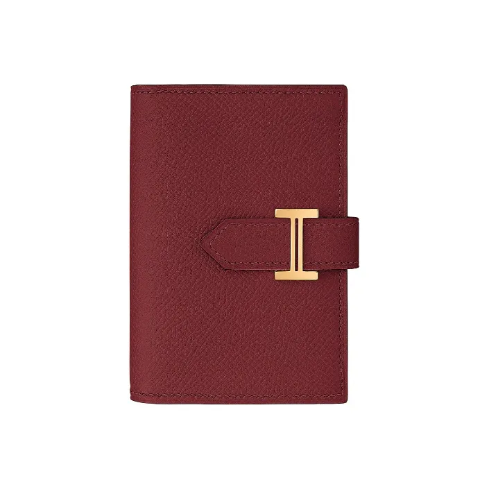 HERMES Bearn Cow Leather Card Holder Women's Maroon-0