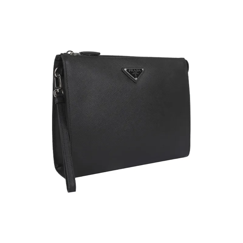 PRADA Cow Leather Wrist Bag Clutch Men's Black-1