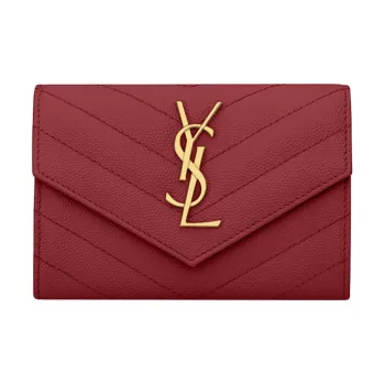 SAINT LAURENT CASSANDRE Cow Leather Envelope Bag Handheld Wallet Small Size Women's Deep Red