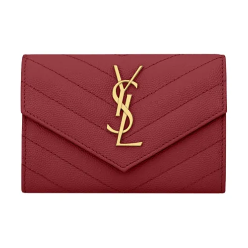 SAINT LAURENT CASSANDRE Cow Leather Envelope Bag Handheld Wallet Small Size Women's Deep Red