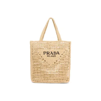 PRADA Raffia Tote Bag, Shopping Bag, Shoulder Bag, Handbag Women's Desert Yellow
