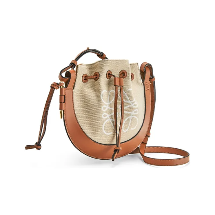 LOEWE Cowhide Patchwork Canvas Frisbee Bag Crossbody Bag Shoulder Bag Small Size Women's Brown-1