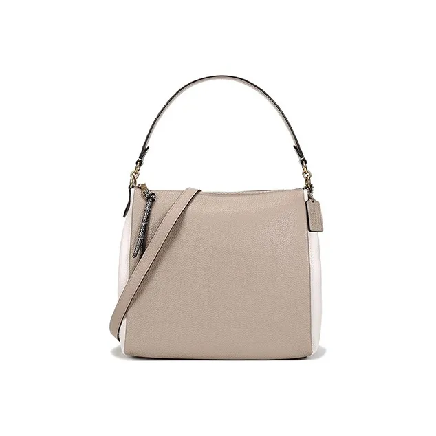 COACH Shay Pebbled Leather Travel Bag, One Shoulder Handbag Large Size Women's Milk Tea & White-0