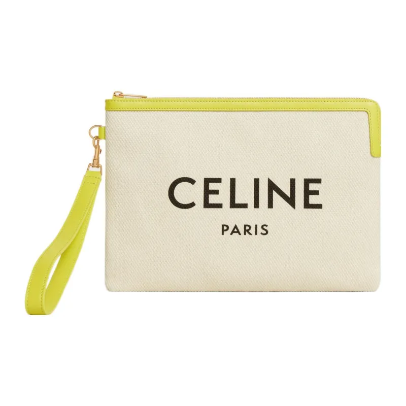 CELINE Cow Leather With Fabric Portable Clutch Small Size Women's Beige Yellow-0